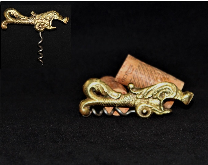 Antique Brass Sea Serpent Shaped Folding Pocket Corkscrew with Bottle Opener, Travel Wine Opener