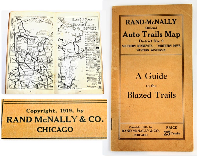 RARE Antique 1919 Rand-McNally Auto Trail Map No.9, Southern Minnesota, Northern Iowa, and Western Wisconsin, Sioux Falls South Dakota