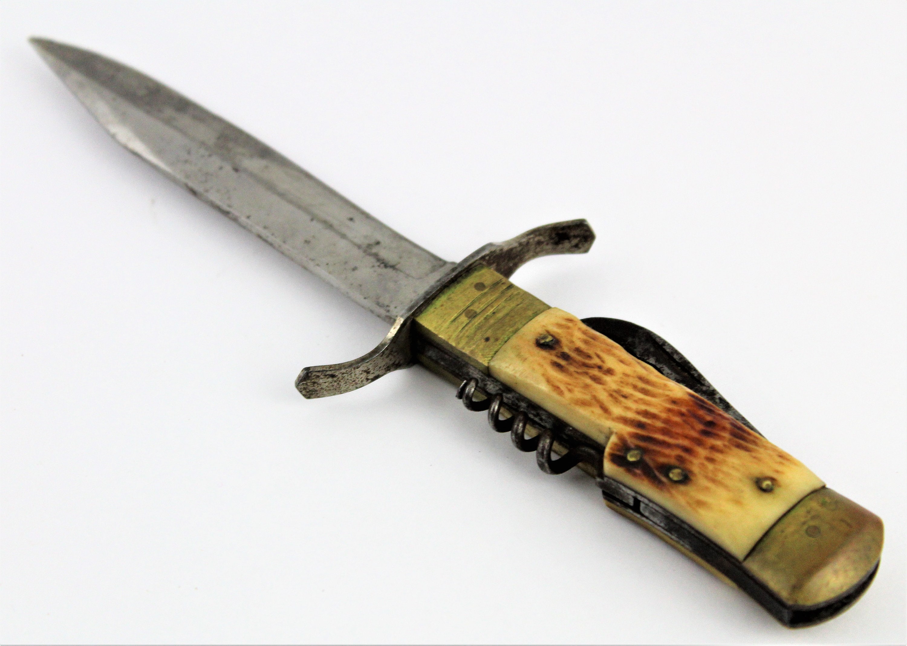 Vintage Fixed Blade Knife with Corkscrew and Bottle opener in Leather