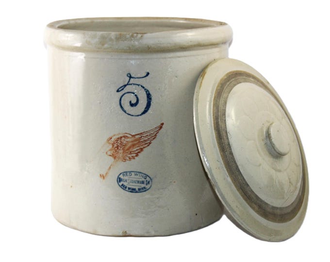 Antique 1920s, Red Wing, 5-Gallon Crock and Lid, 4” Red Wing Pottery Logo