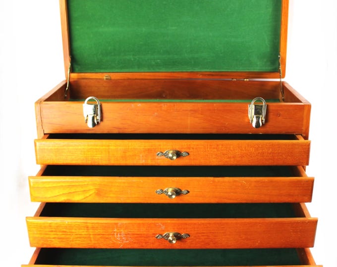 Vintage Wooden 4-Drawer Tool Chest Storage Box - Craft Organizer Toolbox Case