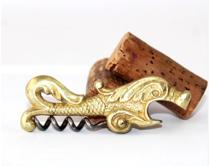 Antique Brass Sea Serpent Shaped Corkscrew with Bottle Opener, Wine Bottle Opener