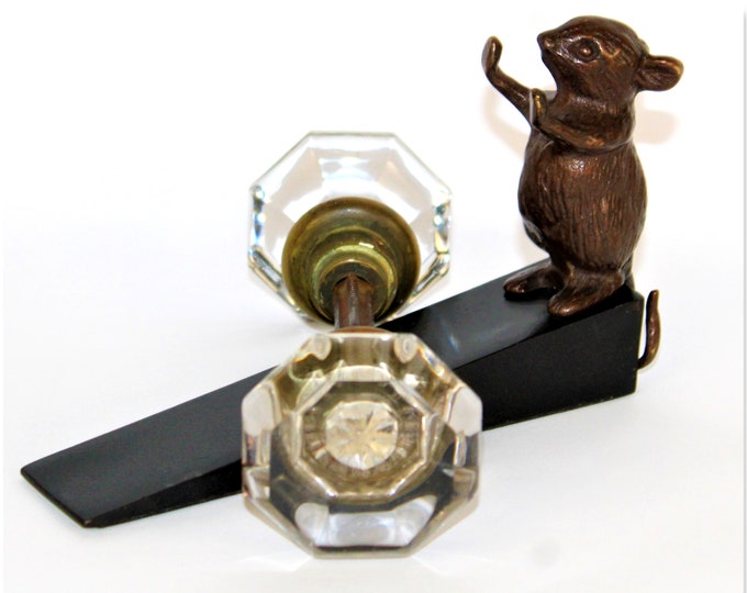 Antique Crystal Glass Doorknob Set with Bronze Door Mouse Door Wedge