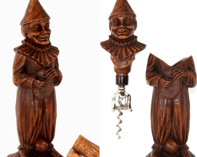 Vintage 1950s Syroco Clown Hidden Corkscrew Wine Bottle Opener - Retro Barware Decor Gift