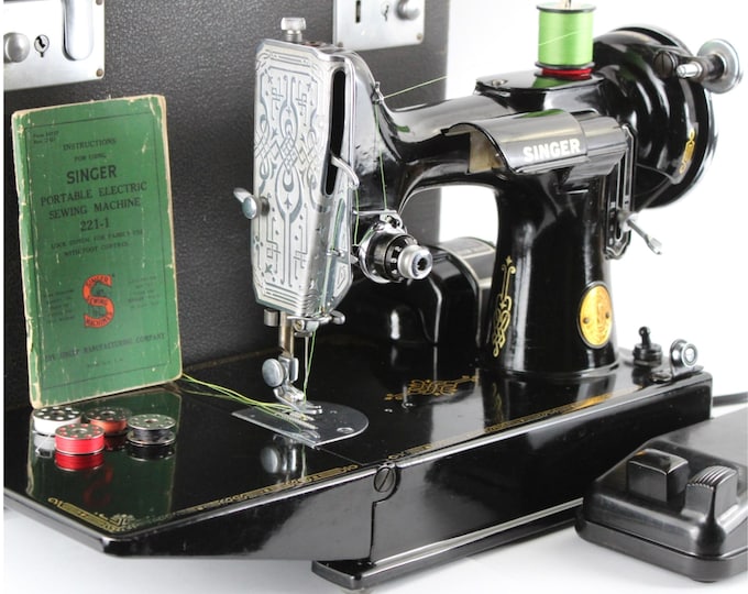 1941 Singer 221 Featherweight Scroll Front Sewing Machine with Carrying Case, Cleaned and Serviced