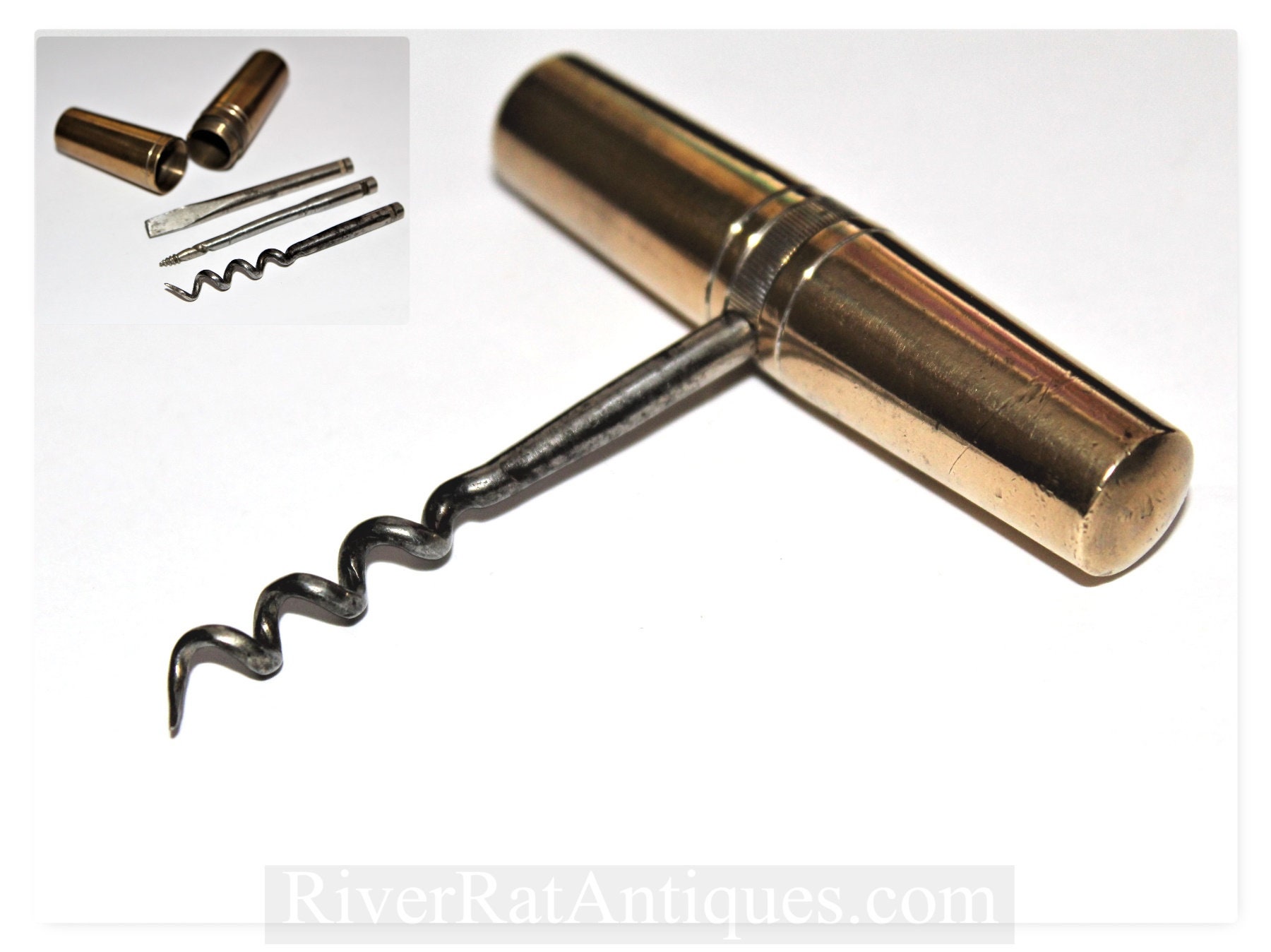 Antique German Brass Roundlet Travel MultiTool with Corkscrew