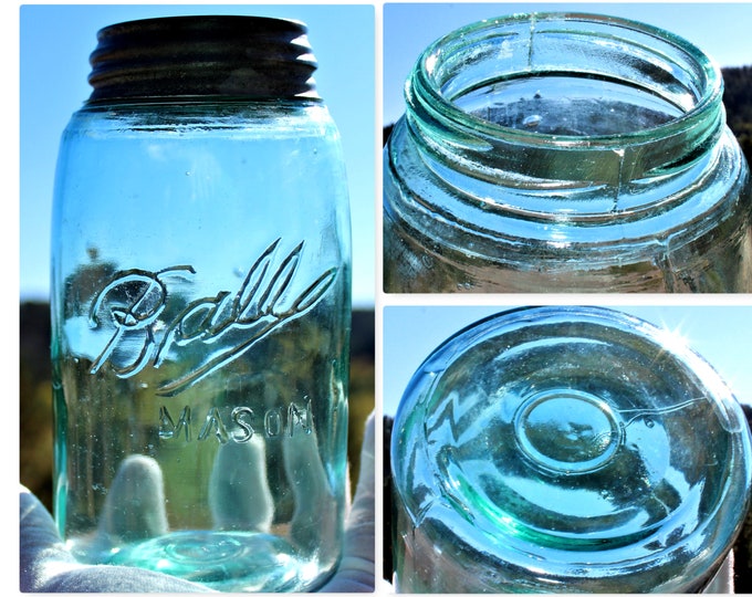 Antique 1900-1910 Triple L Logo Ball Fruit Jar with Zinc Lid, Blue Quart Size Jar