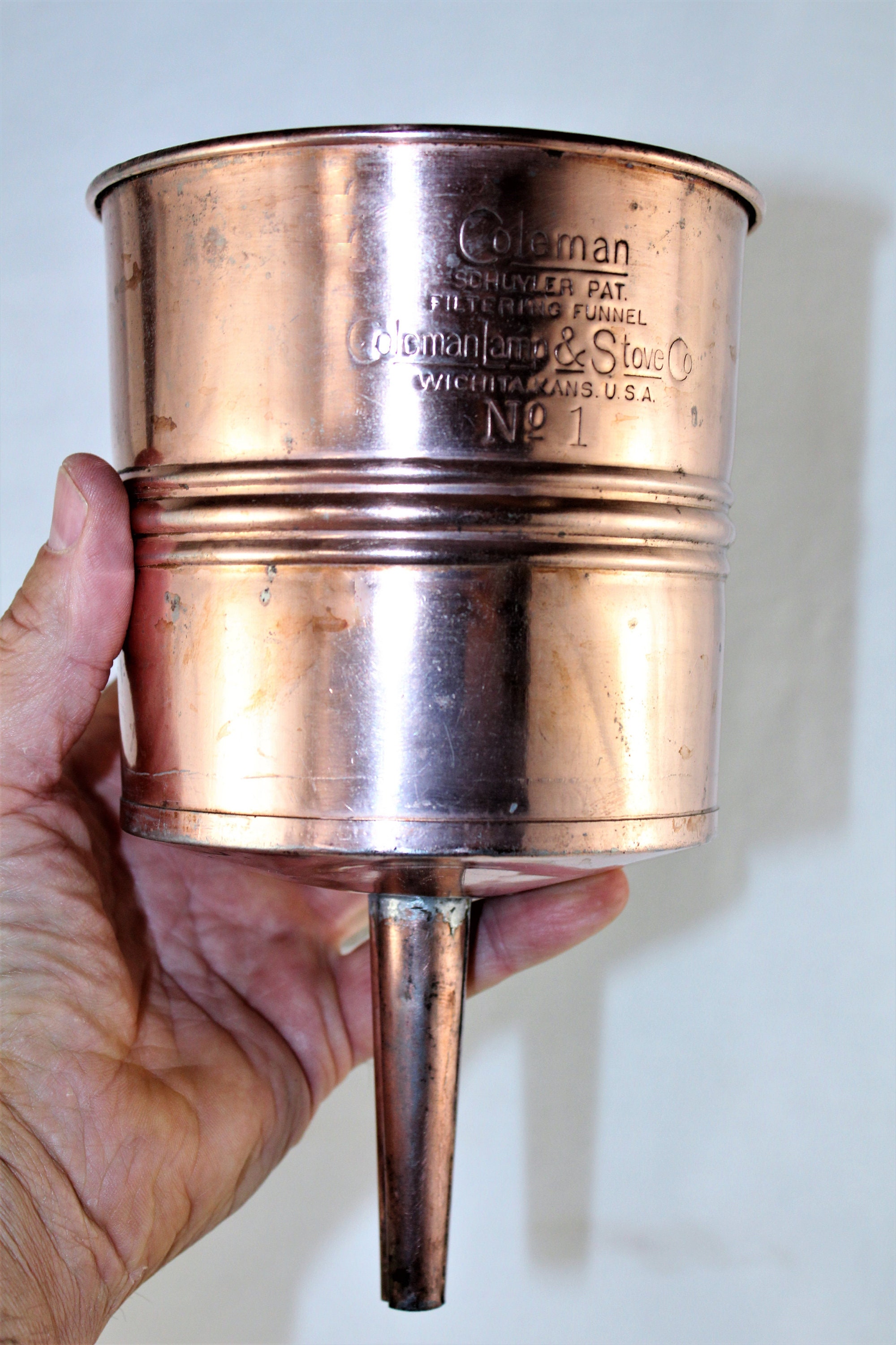 Coleman Lamp & Stove Co, No 1 Copper filter funnel, Schuyler