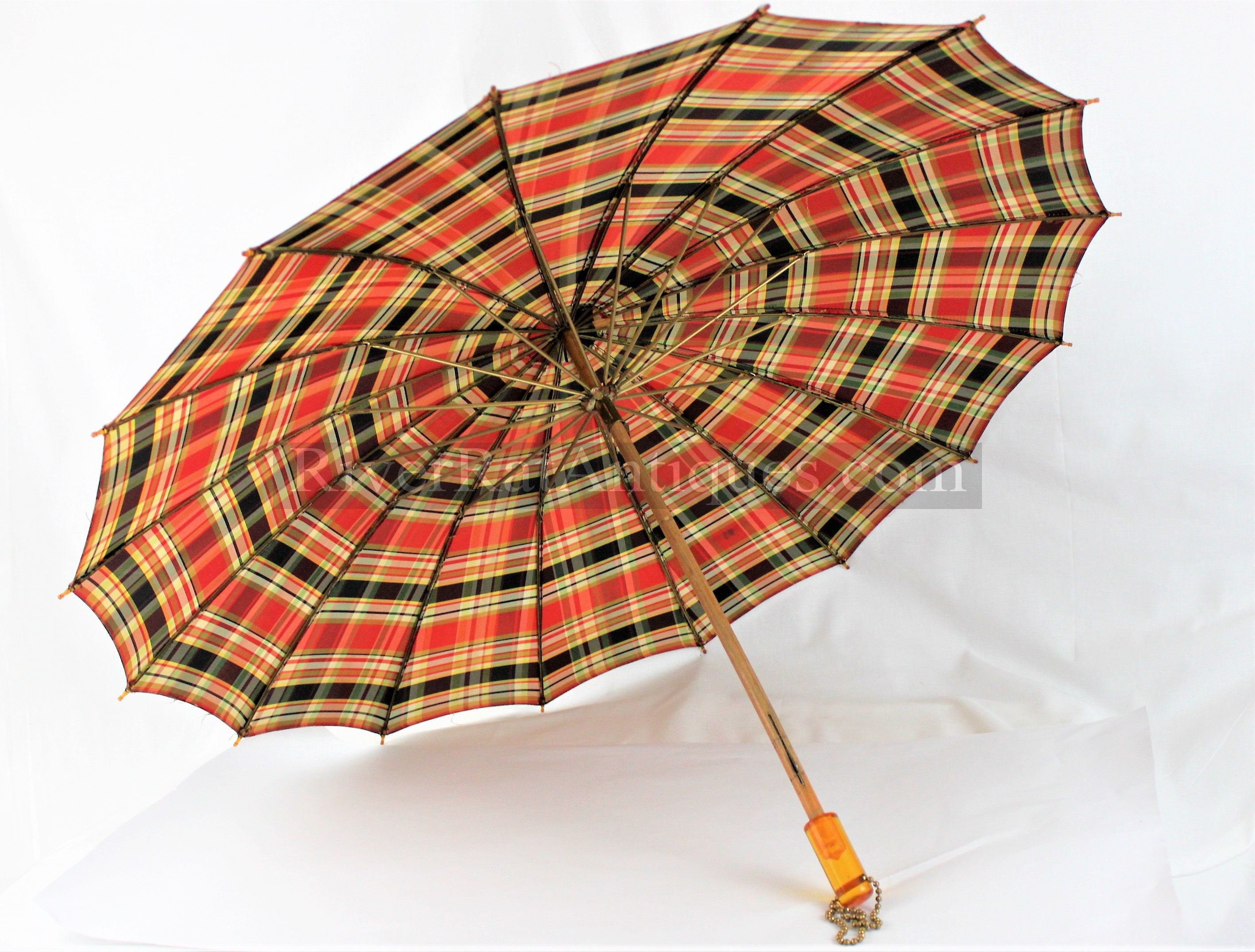 Vintage 1950s Plaid Umbrella with Lucite Handle and Brass Hardware