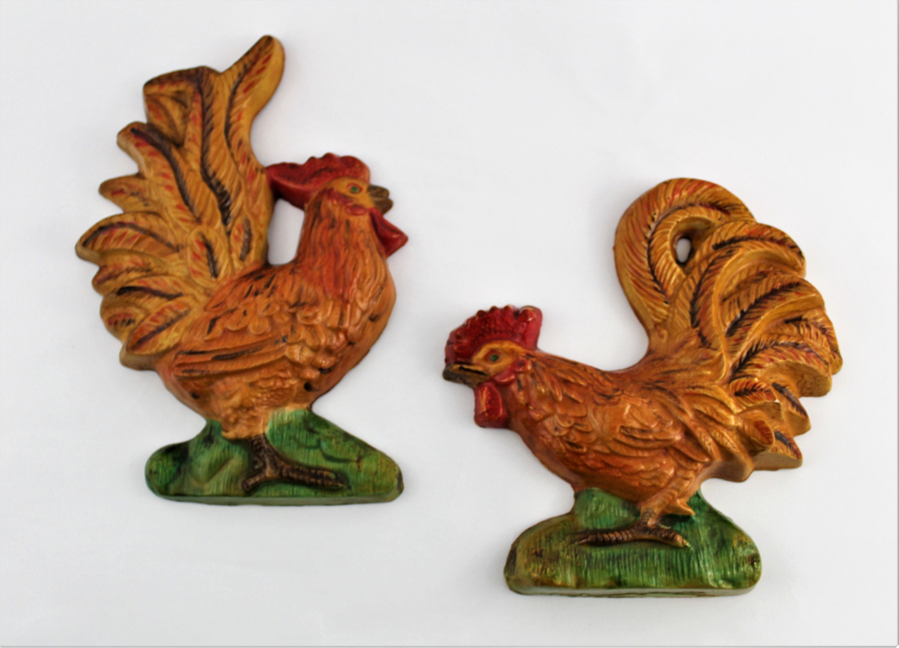 Vintage Chalkware Roosters Chicken Wall Hangings Farmhouse