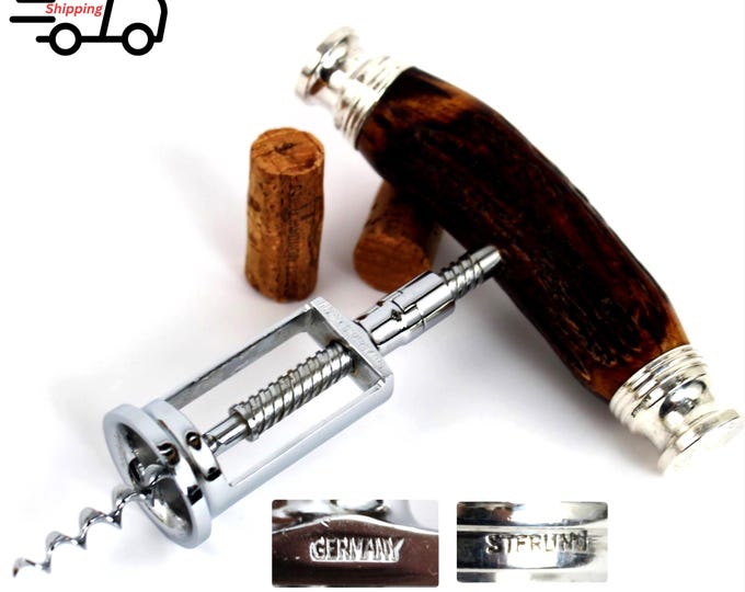 Sterling Silver Stag Horn Handle Corkscrew, Wine Bottle Opener