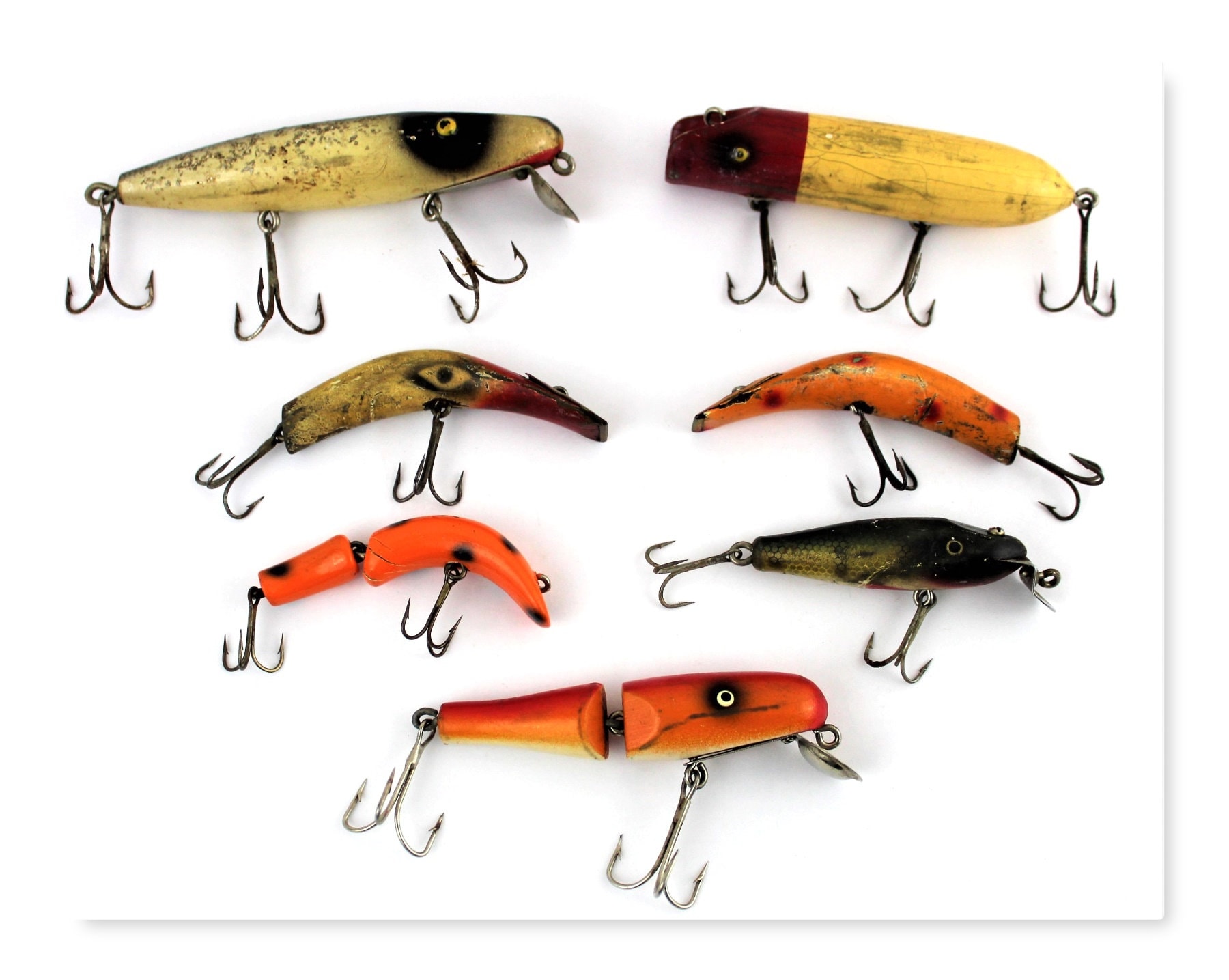 Vintage Fishing Lures, Seven Wooden Fishing Lures
