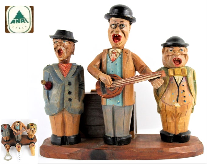 RARE 1950s ANRI Woodcarving, Singing Trio Musical Barware Set