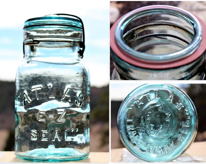 Antique ATLAS E-Z SEAL Blue Glass Canning Jar, Fruit Jar