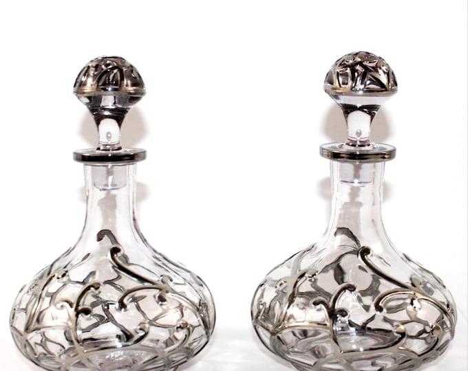 Vintage Silver Overlay Glass Carafe Pair: Elegant Mid-Century Decanters for Barware Enthusiasts