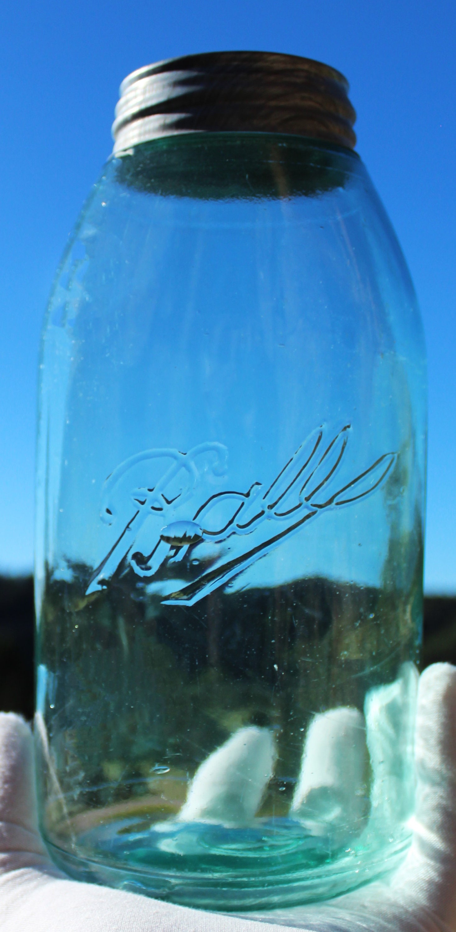 Antique Triple L Logo Ball Fruit Jar with Zinc Lid, Blue Half Gallon