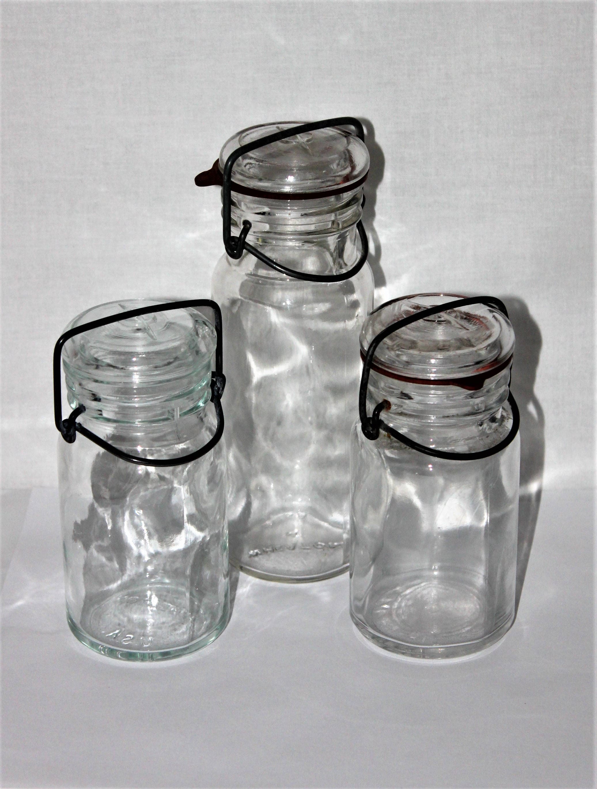 Vintage Clear Glass Storage Bottles with Glass Lids and Wire Bails