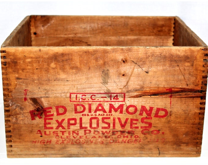 Antique 1920s Red Diamond Explosives, Wood Shipping Crate, Explosives Crate
