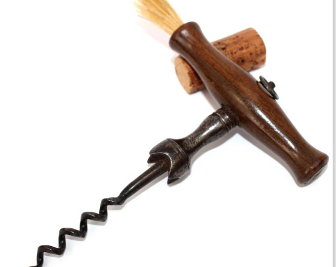 Antique 1800s English Corkscrew with Gripping Easer and Horsehair Dusting Brush, Wine Bottle Opener