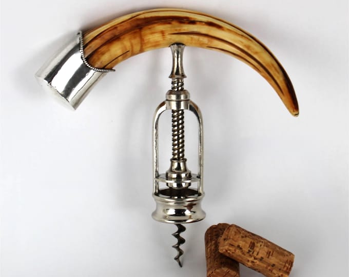 1880s French Excelsior corkscrew with a large Boar-Tusk handle and a Sterling Silver Cap