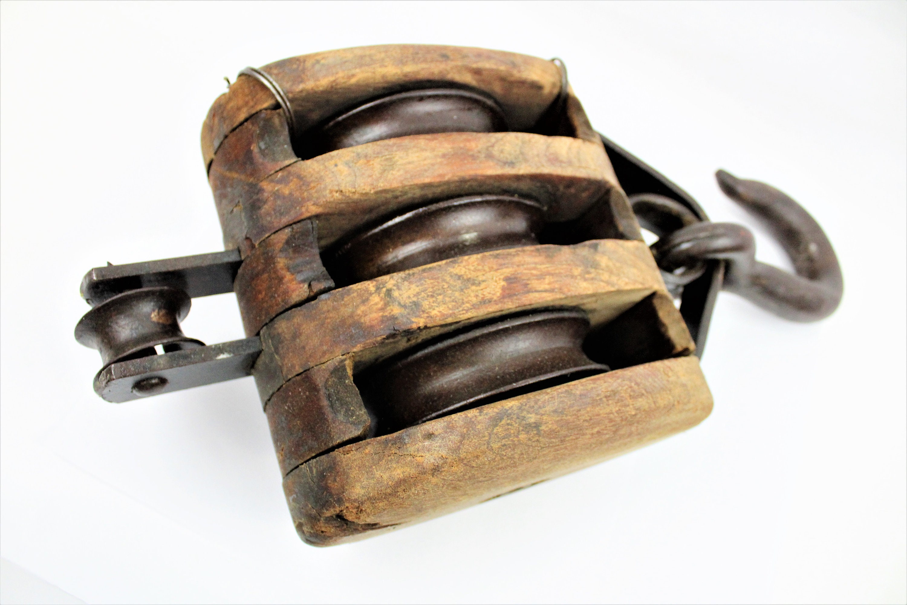 Antique Barn Pulley / Large Triple Rope Wood Pulley / Farm Ware