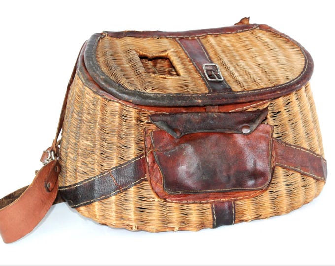 1940s Wicker Creel Fishing Basket with Leather Trim and Front Pouch
