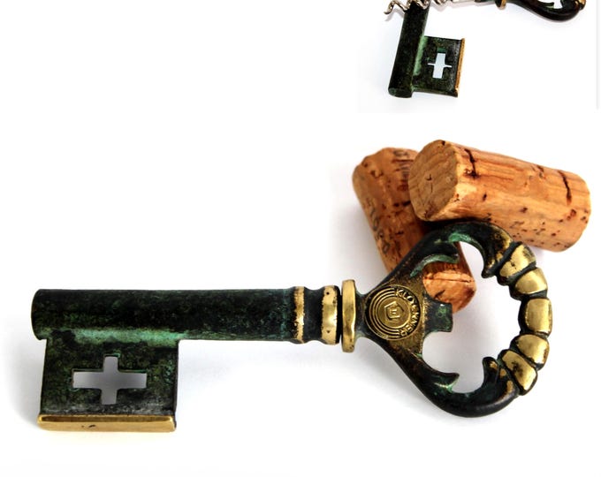 Vintage German Brass Key Corkscrew, Wine Bottle Opener