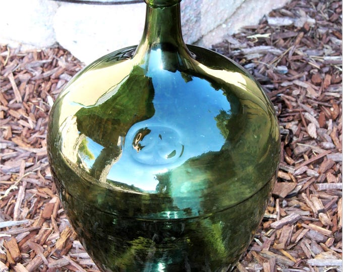 Antique Demijohn, Hand Blown European Dark-Green Glass Demijohn