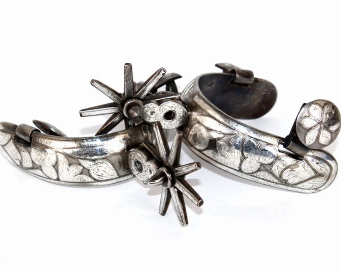 Antique Pair of Mexican Charro Spurs, Double Silver Overlay Spurs.