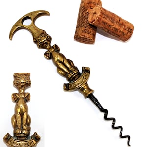 Sacacorchos de latón antiguo con forma de gato de Cheshire, abridor de botellas de vino