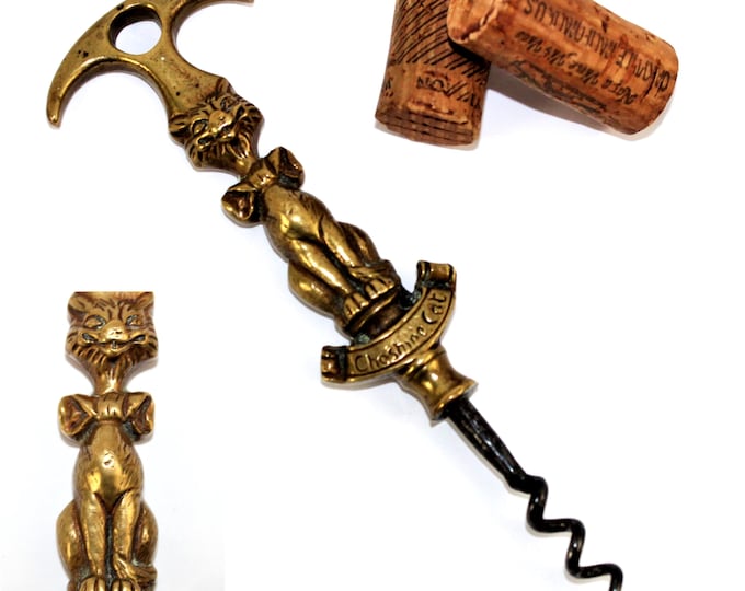 Antique Brass Figural Corkscrew, Cheshire Cat Corkscrew, Wine Bottle Opener