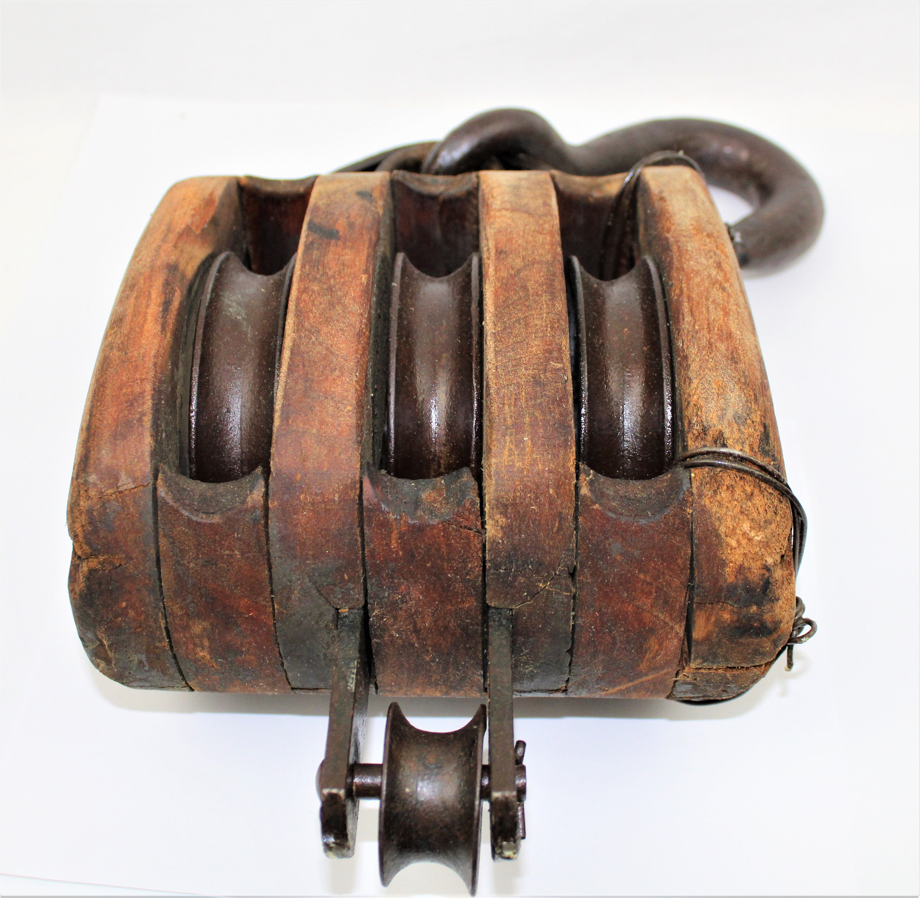 Antique Barn Pulley / Large Triple Rope Wood Pulley / Farm Ware