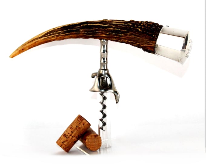 Antique Sterling Silver Stag Horn Handle Corkscrew, Wine Bottle Opener