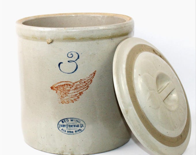 Antique Red Wing Union Stoneware Company 3-Gallon Crock and Lid, 4” Red Wing Pottery Logo
