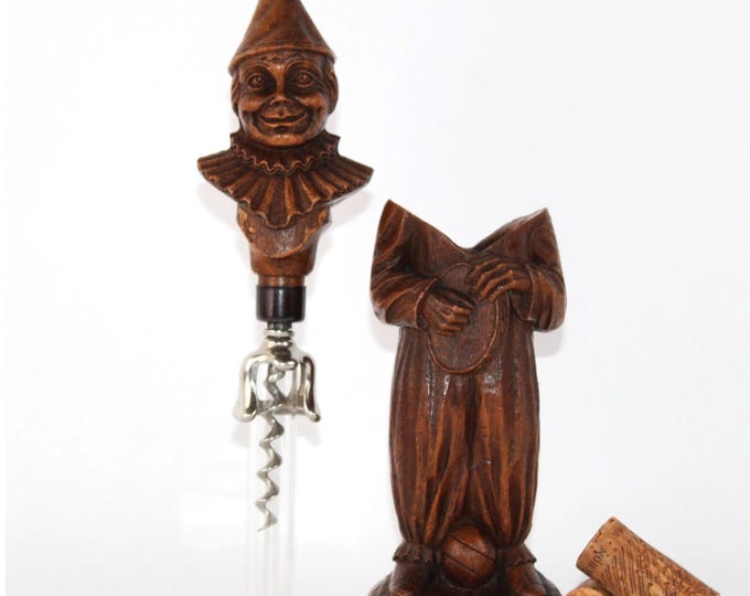 Vintage 1950s Syroco Clown Hidden Corkscrew Wine Bottle Opener - Retro Barware Decor Gift