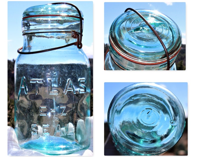 Antique ATLAS E-Z SEAL Blue Glass Canning Jar, Fruit Jar