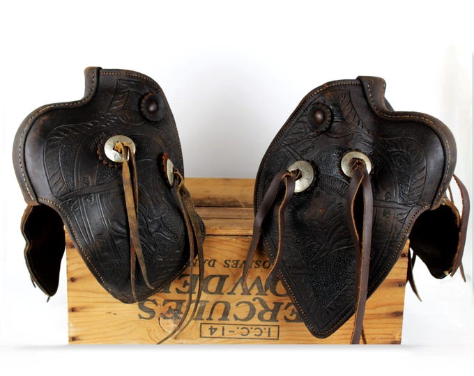 Antique Leather Long Hang Tapaderos with Wooden Stirrups