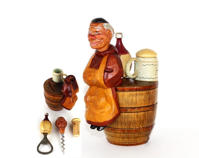 ANRI Hand Carved, The Happy Monk, Italian Barware, Anri Wood Figural Barware Set, Corkscrew & Bottle Opener and Bottle Stopper