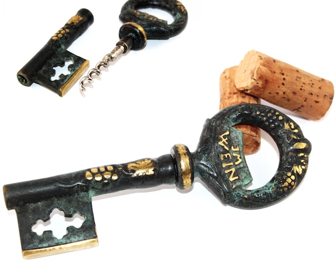 Vintage German Brass Key Corkscrew, Wine Bottle Opener