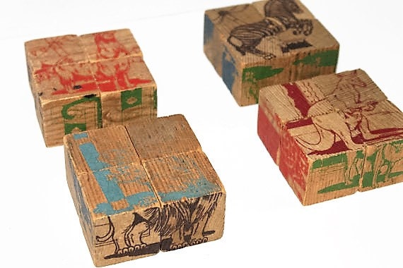 Vintage 16 Wooden Picture Puzzle Blocks