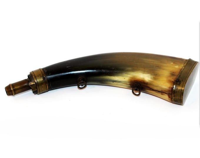 Antique 19th Century Civil War Powder Flask: Authentic Bull Horn Muzzleloader Collectible