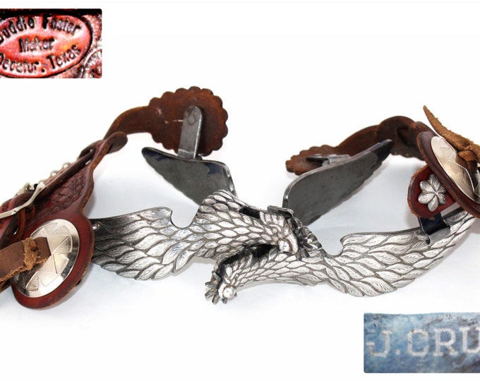 Extremely RARE Western Spurs, J Cruz Silver Eagle Parade Spurs with Buddie Foster Leathers