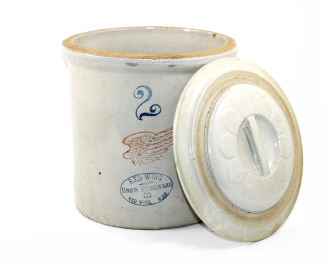 1906 Red Wing Union Stoneware Company 2-Gallon Crock and Lid, 4” Red Wing Logo