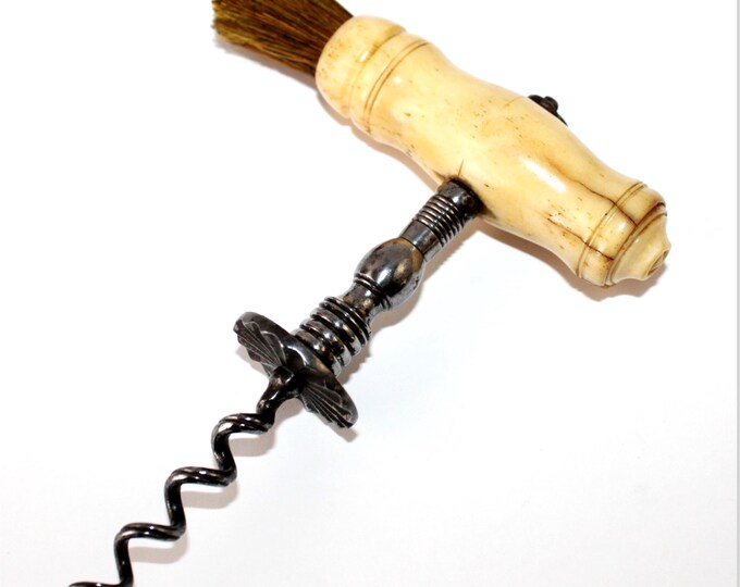 Antique 1850s Bovine Bone Handle Corkscrew with Easer and Horsehair Dusting Brush