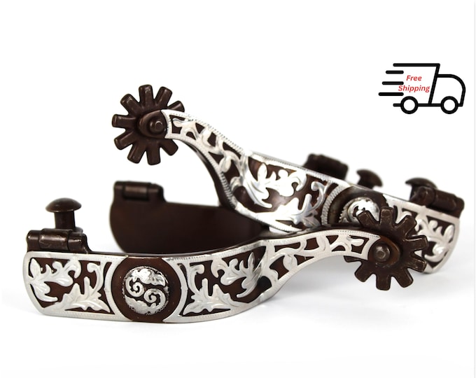 Western Cowboy Spurs, Silver Overlay Oak Leaf Design