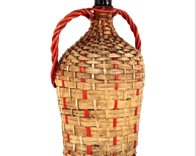 Vintage Italian Dark-Red Glass Demijohn: Antique Wine Bottle for European Decor