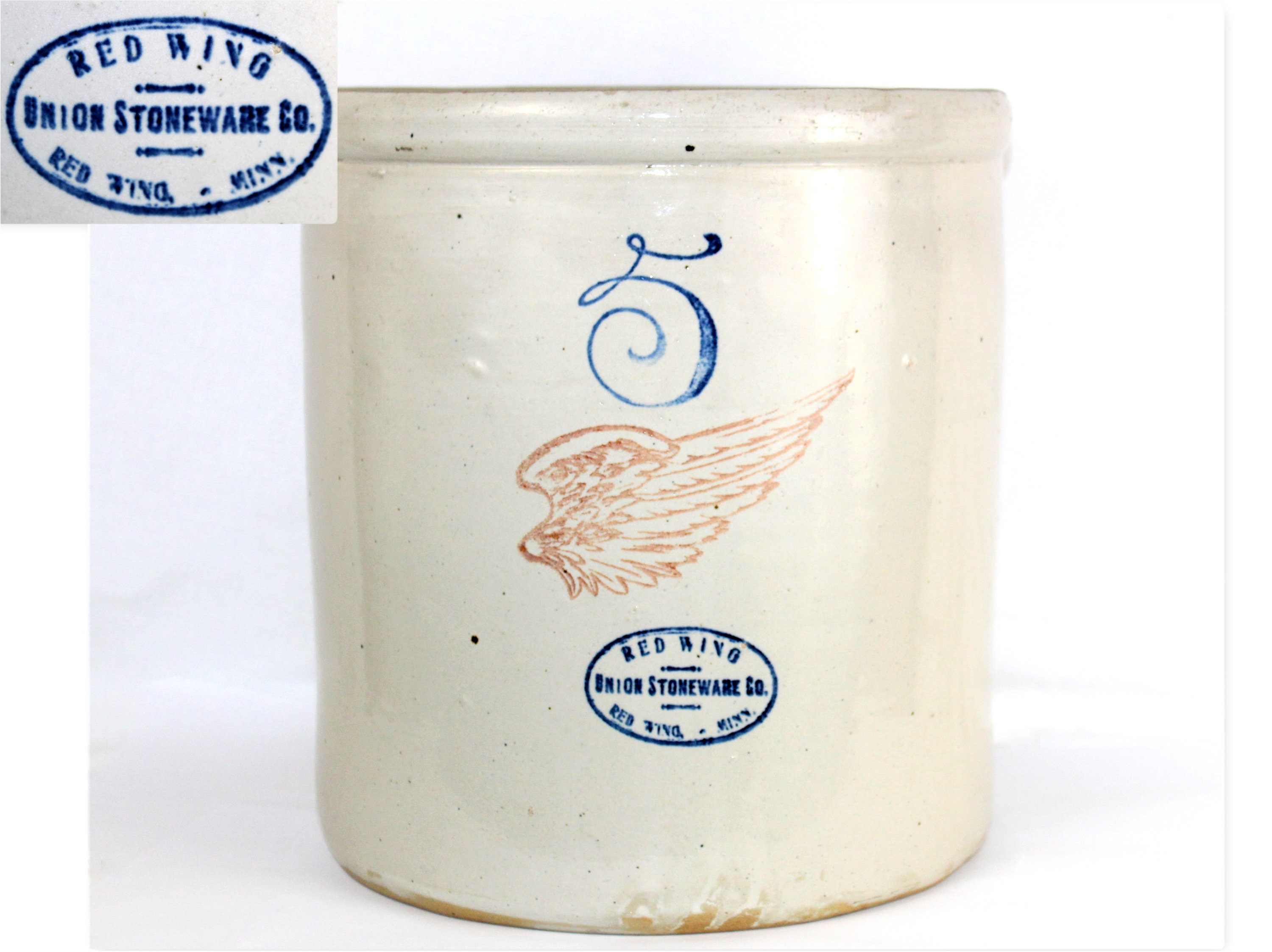 Antique 1909 Red Wing Crock 5 Gallon Crock with 6 inch Wing Logo