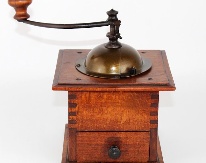 Vintage 1850s Wooden Coffee Mill: Antique Hand-Crank Bean Grinder for Rustic Farmhouse Kitchen Decor