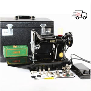 1952 Singer 221 Featherweight Sewing Machine with Carrying Case, Cleaned & Serviced.