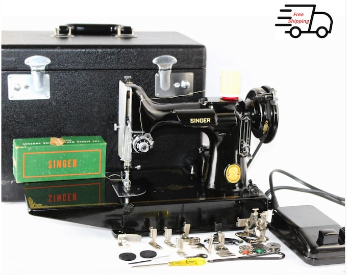 1952 Singer 221 Featherweight Sewing Machine with Carrying Case, Cleaned & Serviced.